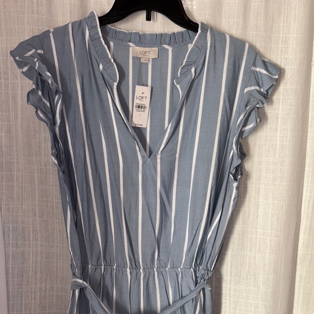 LOFT Blue and White Ruffled Tie Front Sundress
